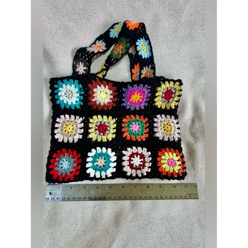 Handmade Crochet Granny Square Tote Bag Purse Bold Multicolor 70’s Hippie Boho